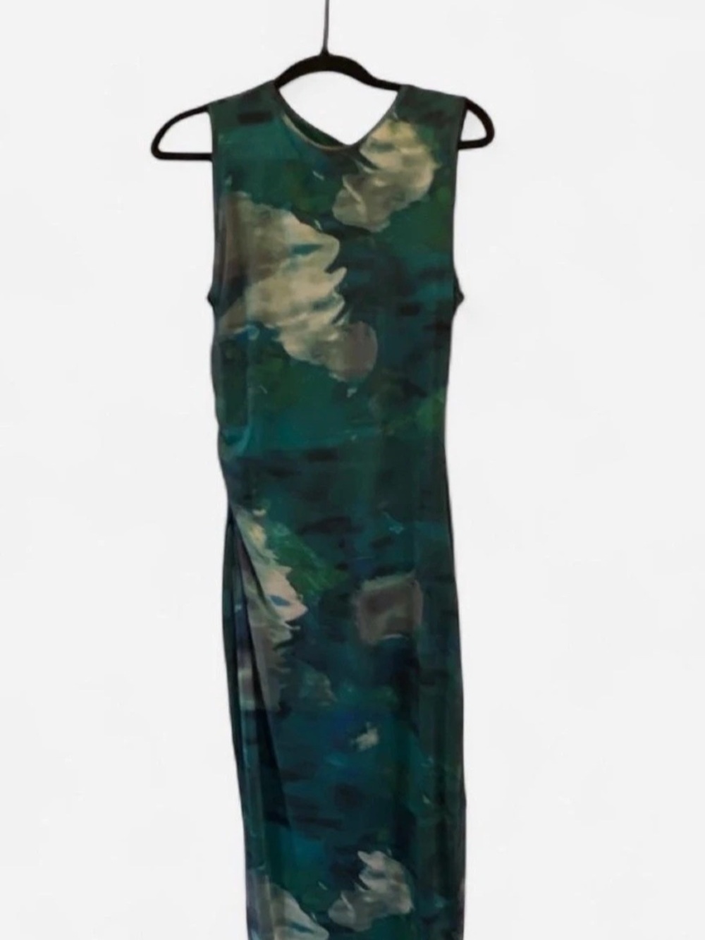 Merokeety Abstract Print Side Ruched Mesh Dress in Green & Blue